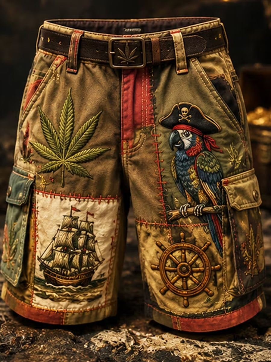 Pantalones cortos casuales con estampado de arte oscuro barco de hoja loro para hombre
