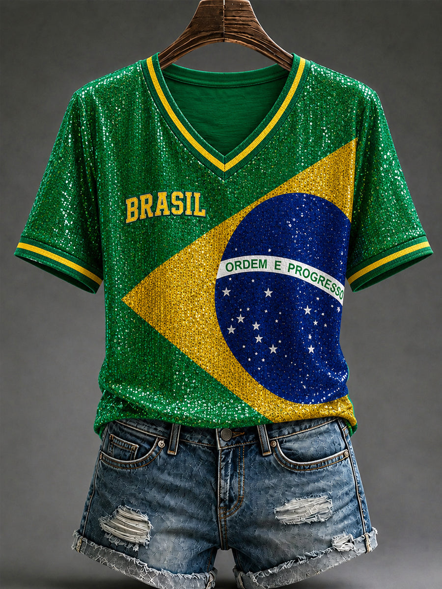 Camiseta de manga corta con cuello en V para mujer Brasil Football Fan Gift Art Print