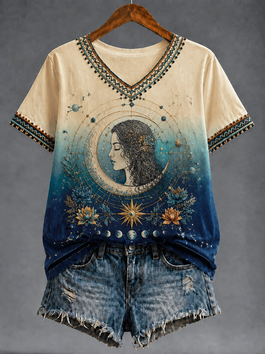 Camiseta con cuello en V casual de gradiente de arte retro del zodiaco de las mujeres