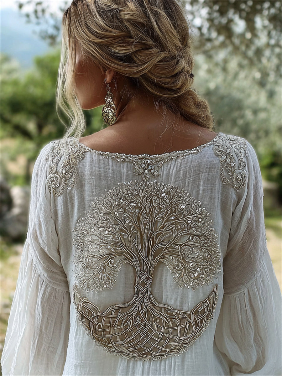 Camisa de algodón-lino para mujer, elegante y clásica, con estampado vikingo del Árbol de la Vida