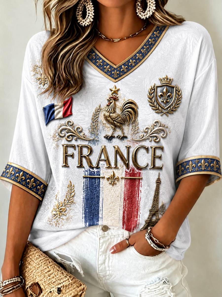 Camiseta de manga larga con cuello en V para mujer