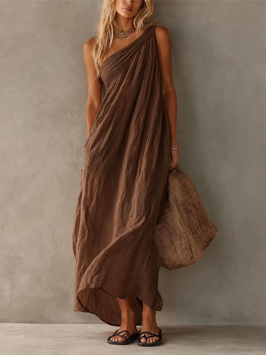 Mujeres simple con clase un hombro sin mangas Maxi vestido