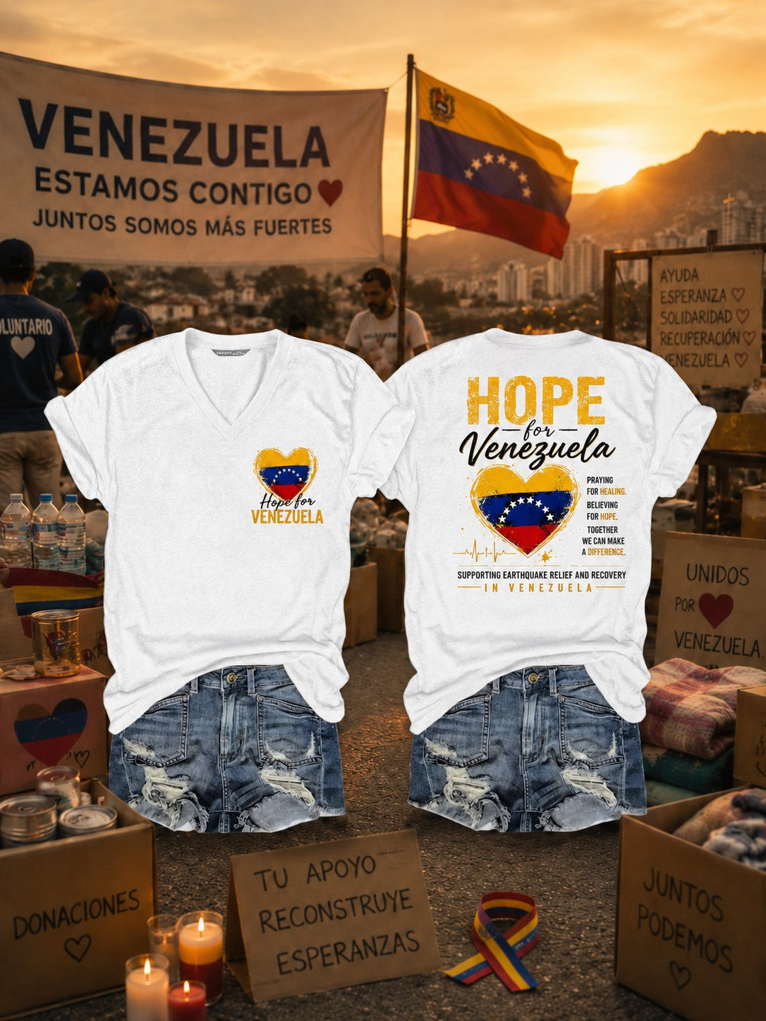 Camiseta estampada con cuello en V para mujer, Venezuela fuerte