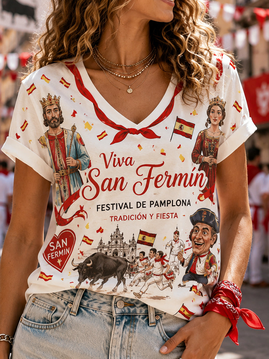 Camiseta de mujer con estampado de toro en carrera, cuello en V y mangas cortas