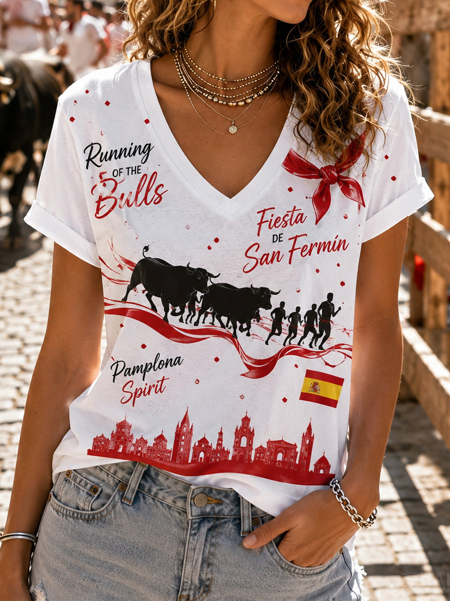 Camiseta de manga corta con cuello en V y estampado de toros para mujer