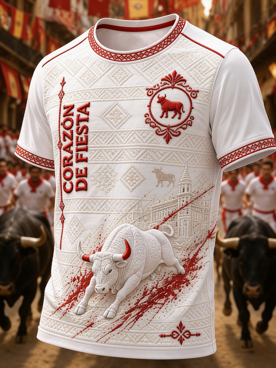 Camiseta casual de manga corta para hombre con estampado del encierro de toros en España