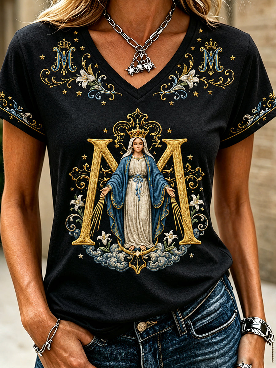Camiseta estampada con arte religioso de la Asunción de María para mujer