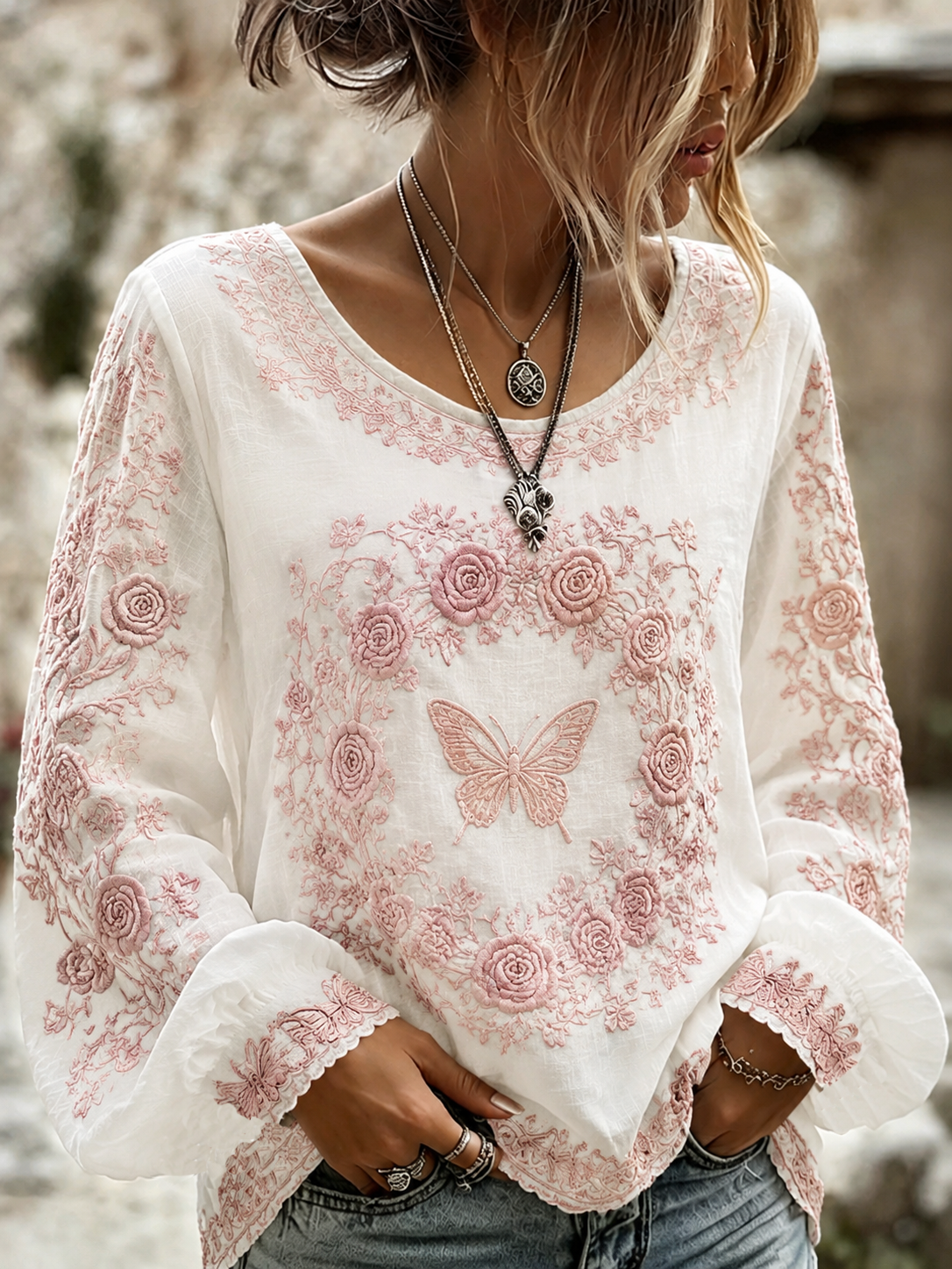 Camisa de algodón y lino con diseño de la Rosa de Tralee para mujer
