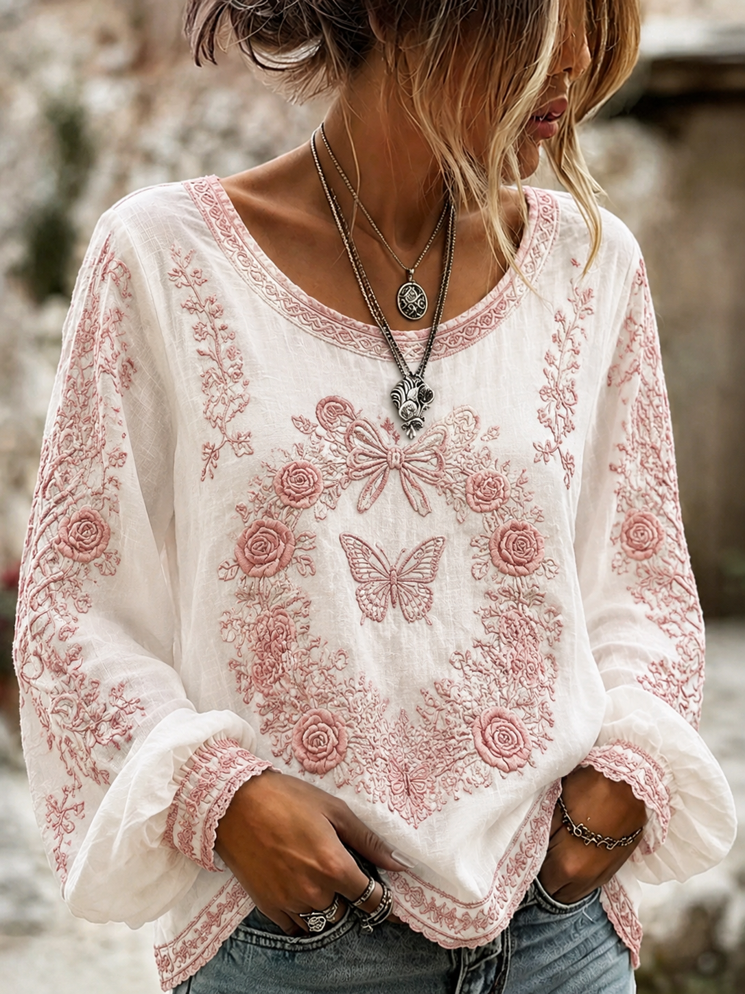 Camisa de algodón y lino con diseño de la Rosa de Tralee para mujer