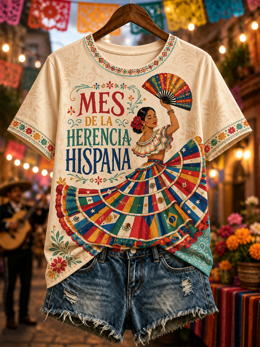 Camiseta estampada de manga corta para el Mes de la Herencia Hispana de la Mujer