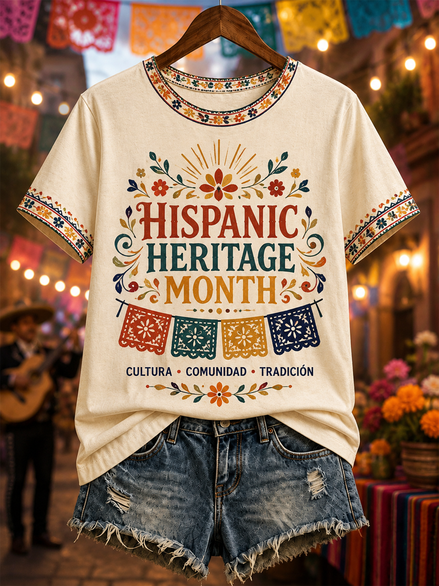 Camiseta de manga corta con estampado del Mes de la Herencia Hispana para mujer