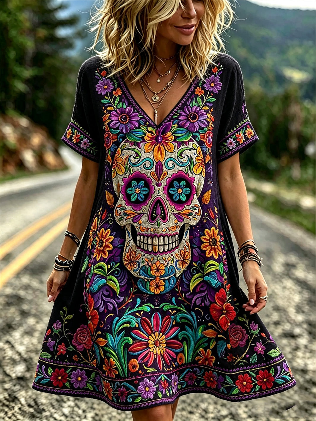Vestido casual de cuello en V para mujer, estilo retro del Día de los Muertos, con estampado de plantas y flores