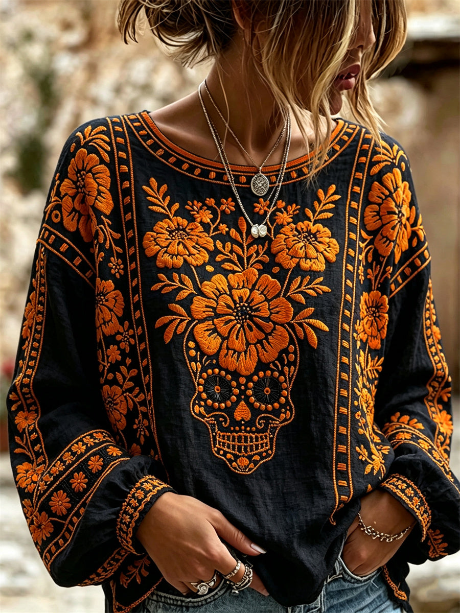 Camisa de algodón-lino con estampado floral de calaveras de azúcar mexicanas y flor de cempasúchil para el Día de Muertos de la mujer