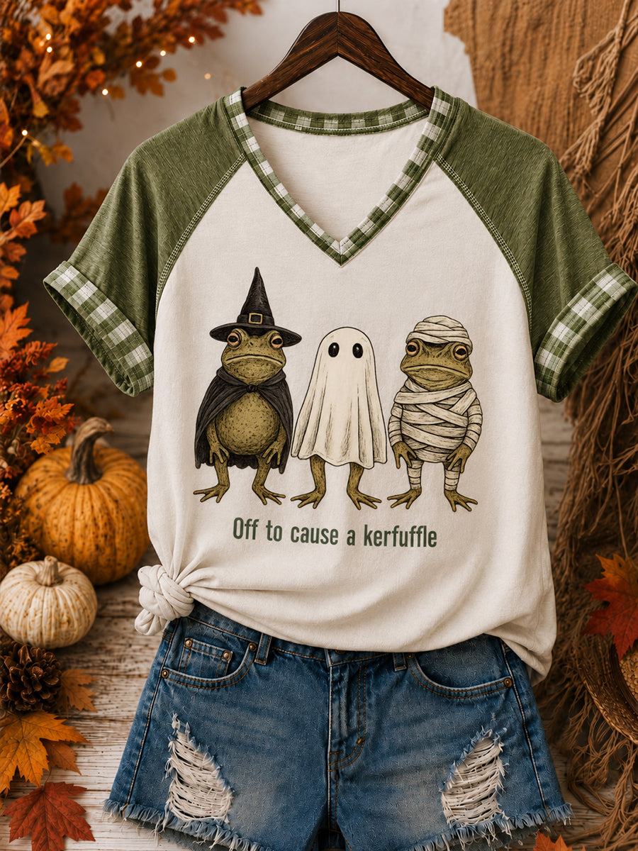 Camiseta con estampado divertido de Halloween y cuello en V para mujer
