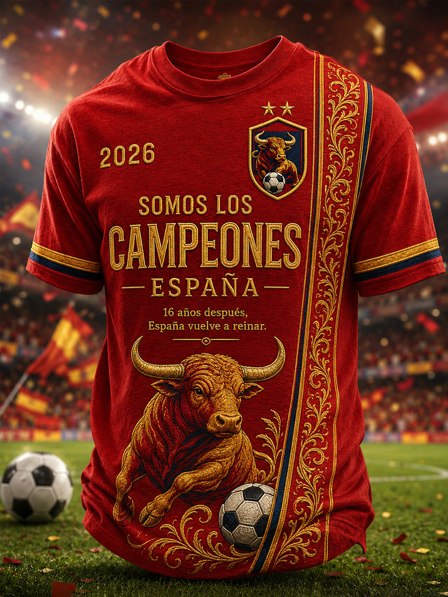 Camiseta casual para hombres con estampado «We Are The Champions 2026»; regalo para aficionados al fútbol en celebración del título de España