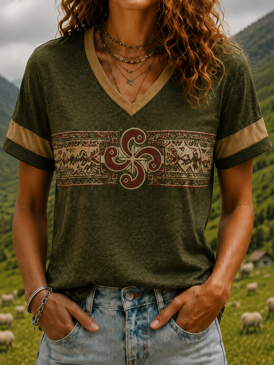 Camiseta con cuello en V estampada del País Vasco para mujer