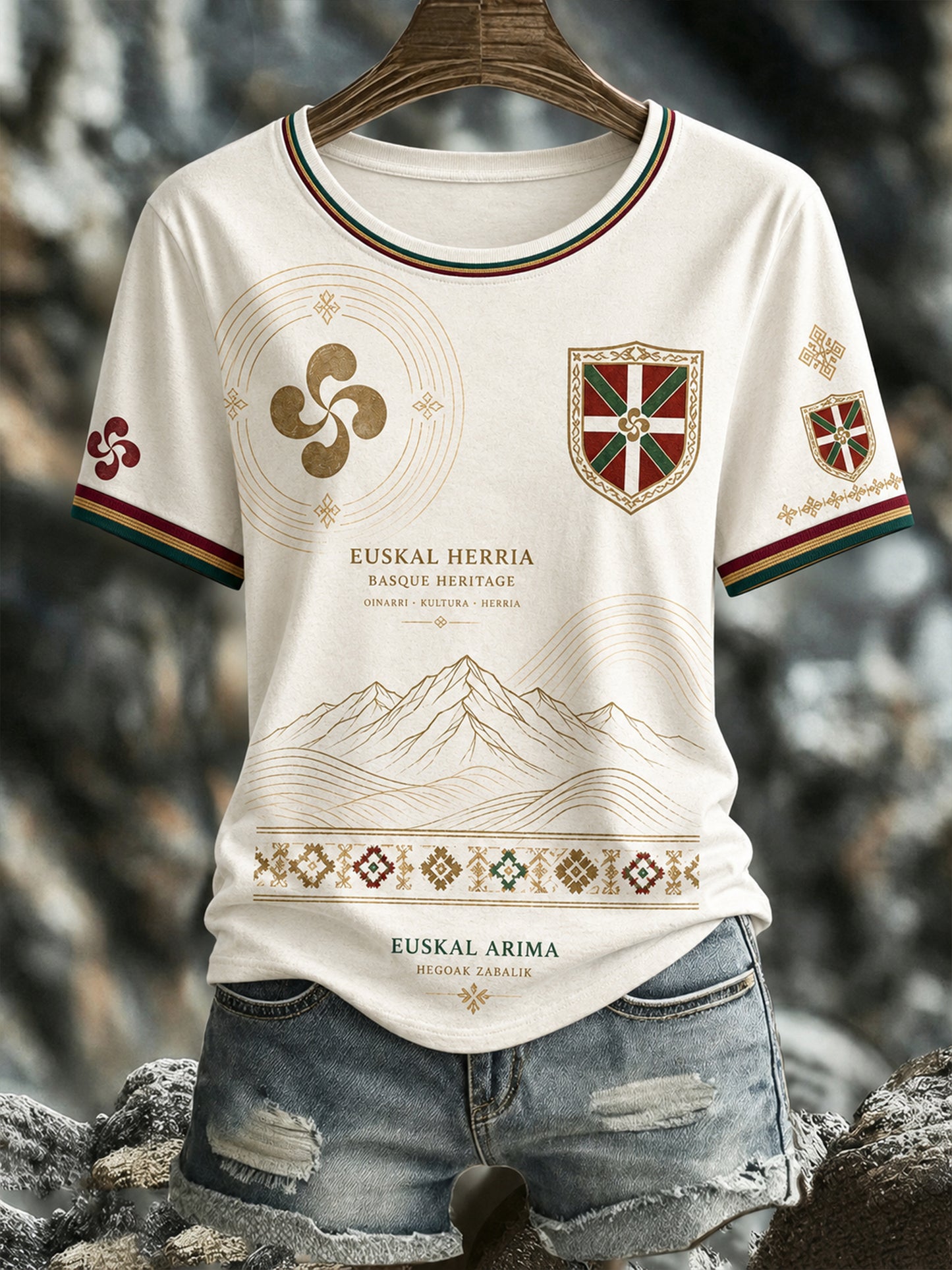 Camiseta casual con estampado de arte de elemento cultural vasco español para mujer