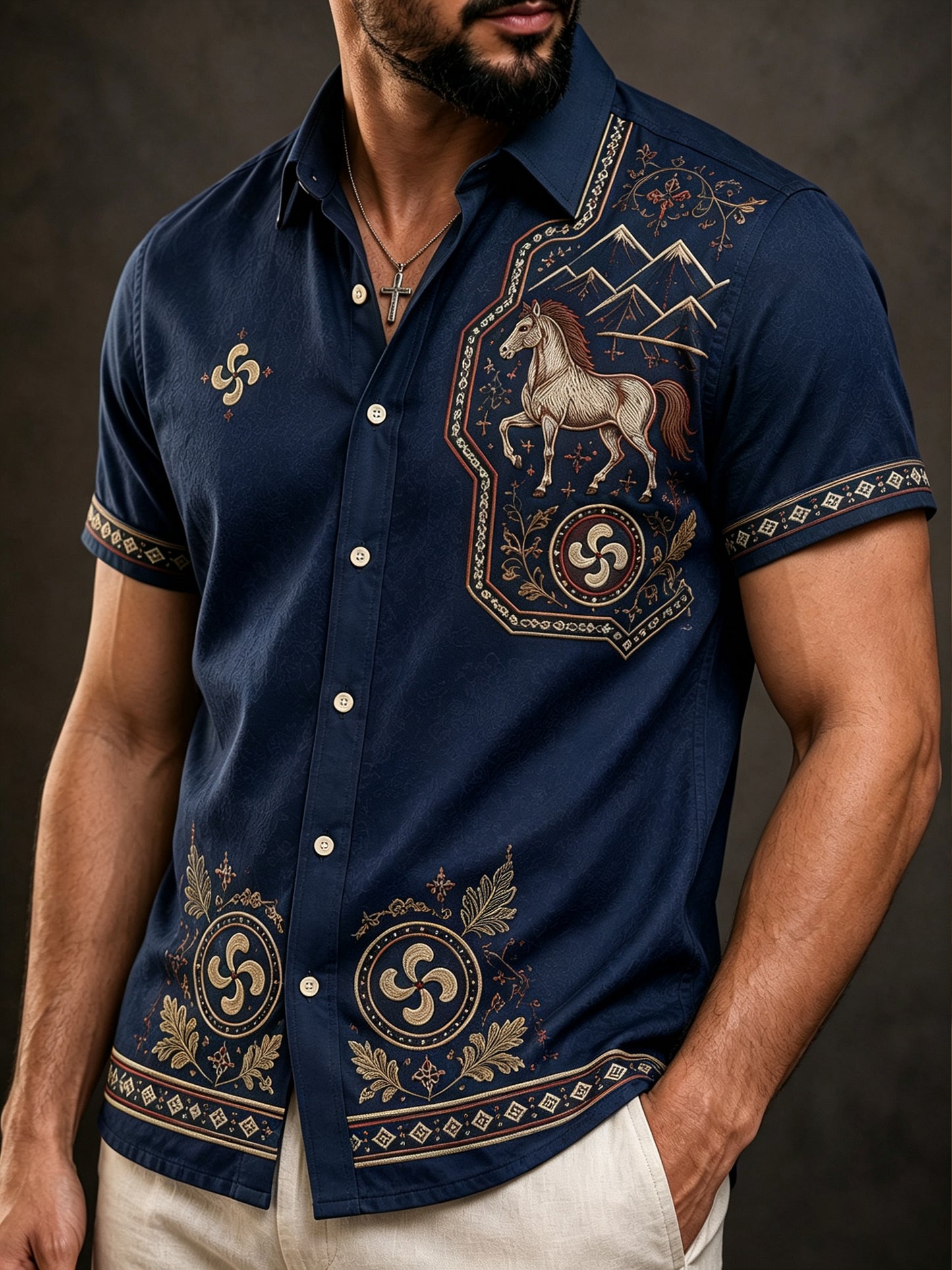 Camisa casual con estampado artístico y motivos culturales vascos para hombre