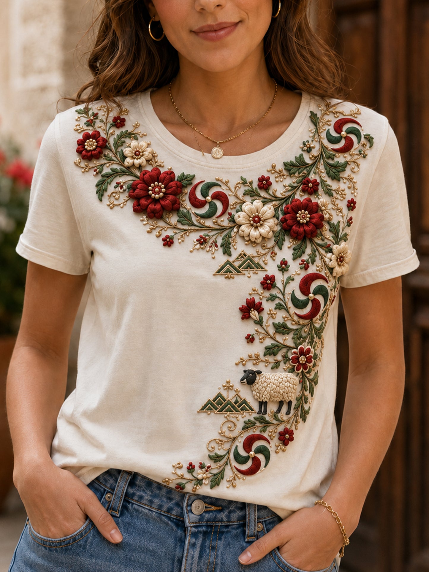 Camiseta casual con estampado artístico de elementos culturales vascos españoles para mujer