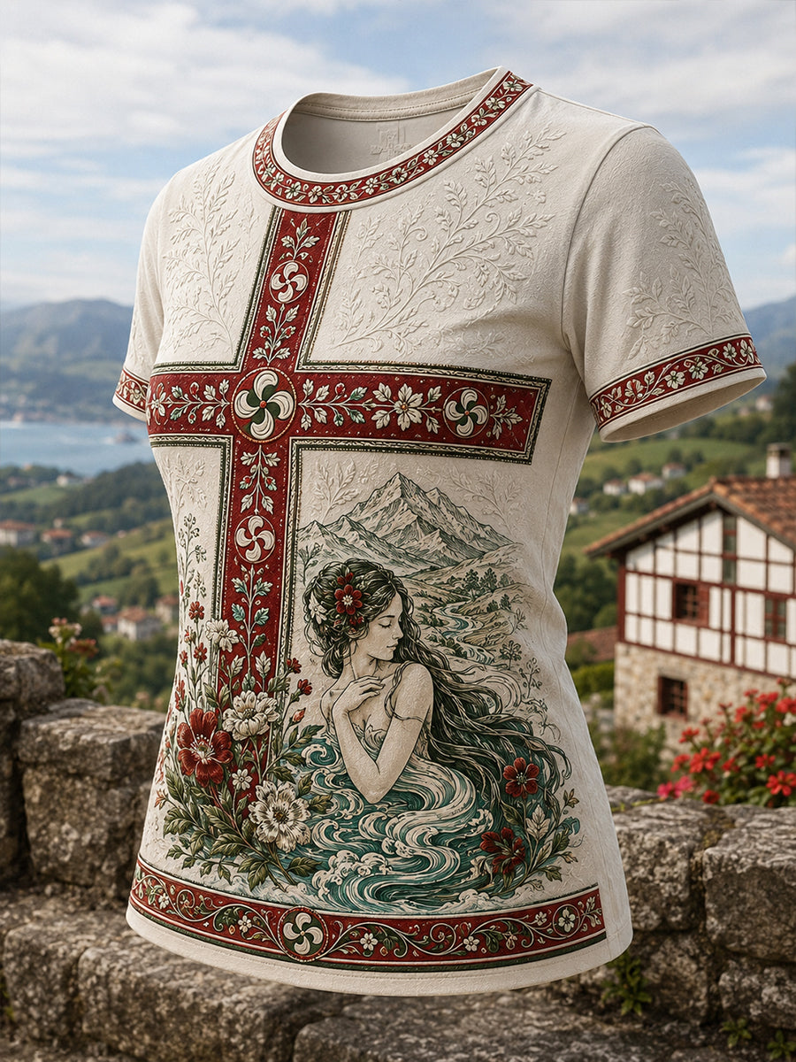 Camiseta casual con estampado artístico de elementos culturales vascos españoles para mujer