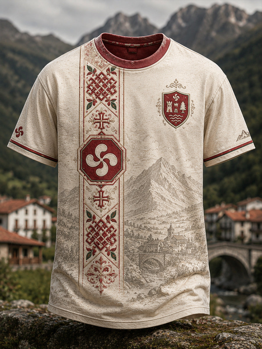 Camiseta casual con estampado artístico de inspiración cultural vasca española para hombre