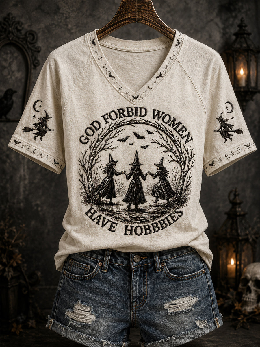 Brujas de Halloween de las mujeres Imprimir Casual V-cuello Tee