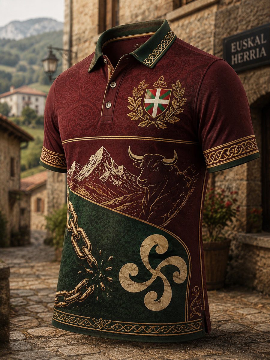Polo con estampado artístico de elementos culturales vascos españoles para hombre