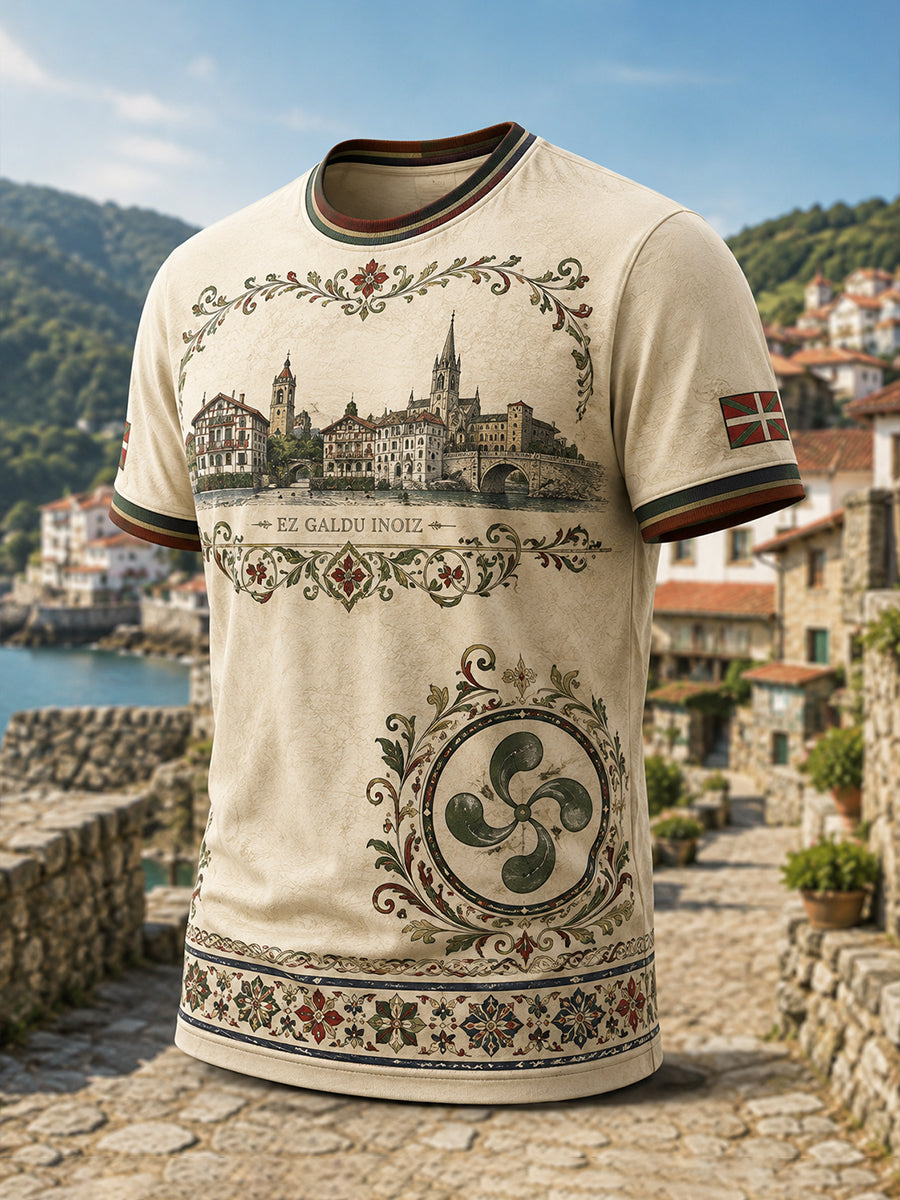 Camiseta estampada con motivos artísticos del folclore vasco español para hombre