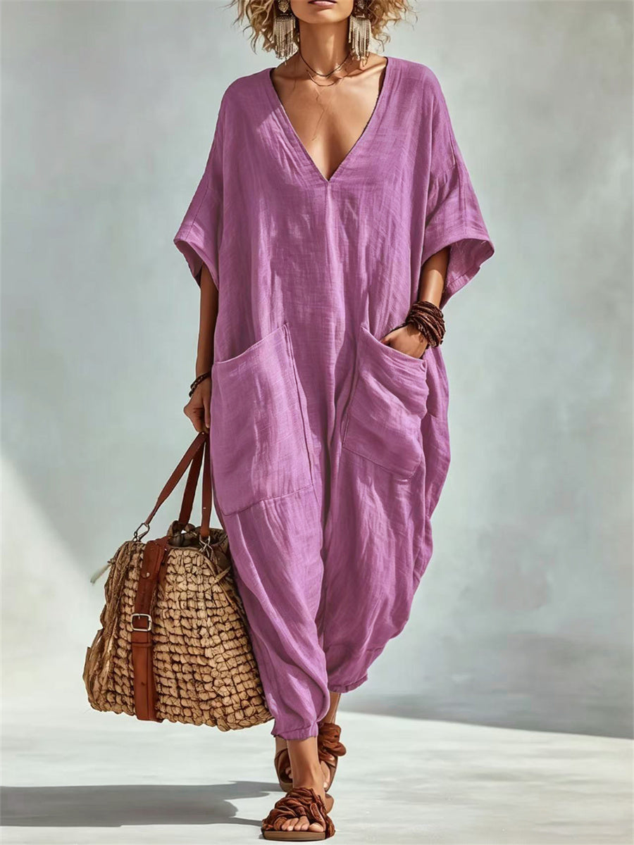 De las mujeres Vacaciones Parche Bolsillos Cuello En V Casual Oversize Lino Mono