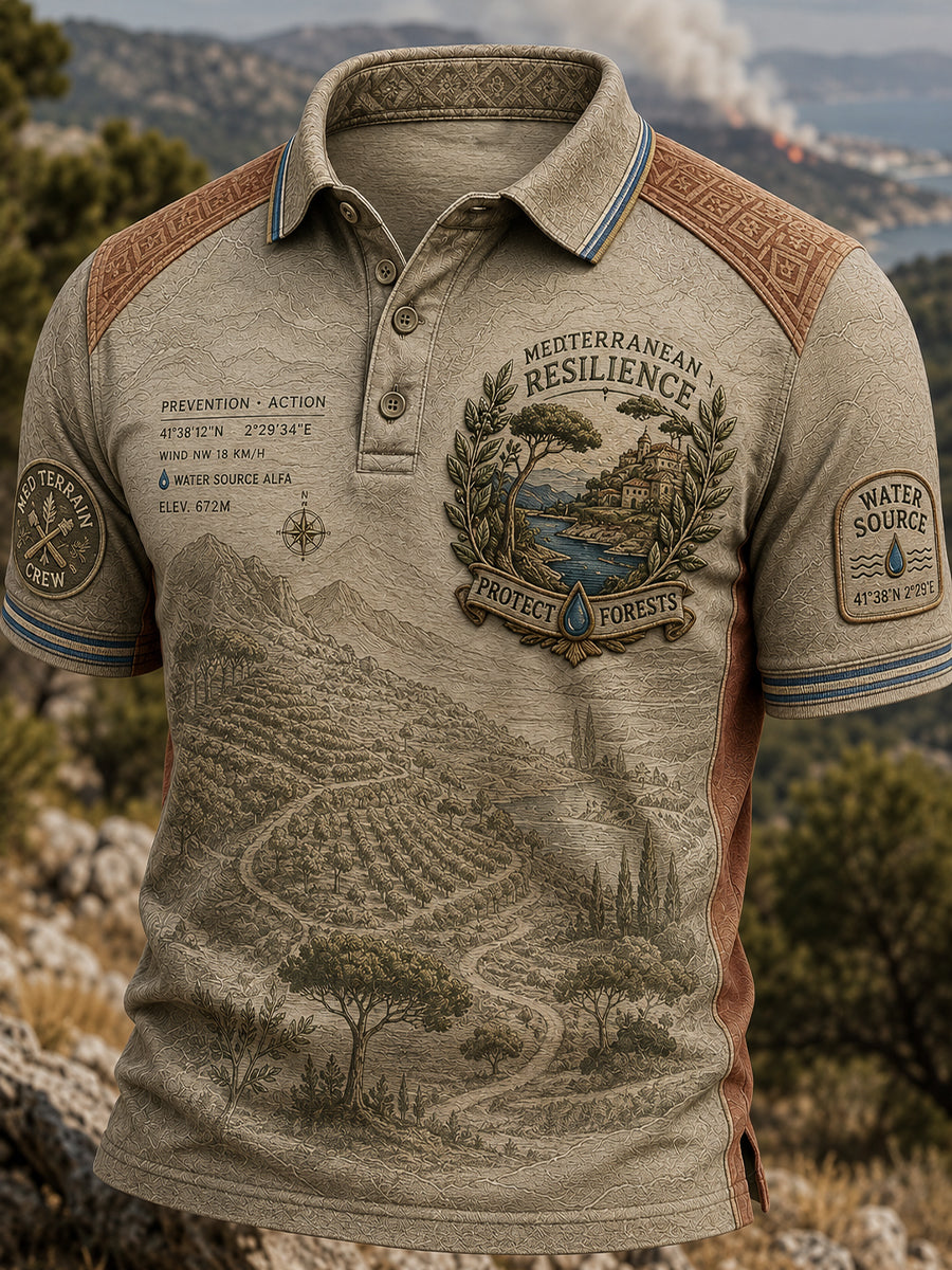 Camiseta polo con estampado artístico de incendios forestales en Europa para hombre