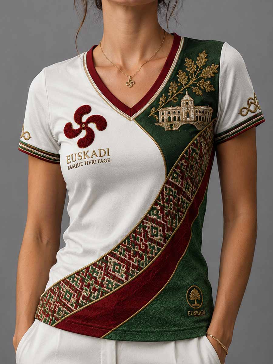 Camiseta con estampado de patrón vasco tradicional retro para mujer