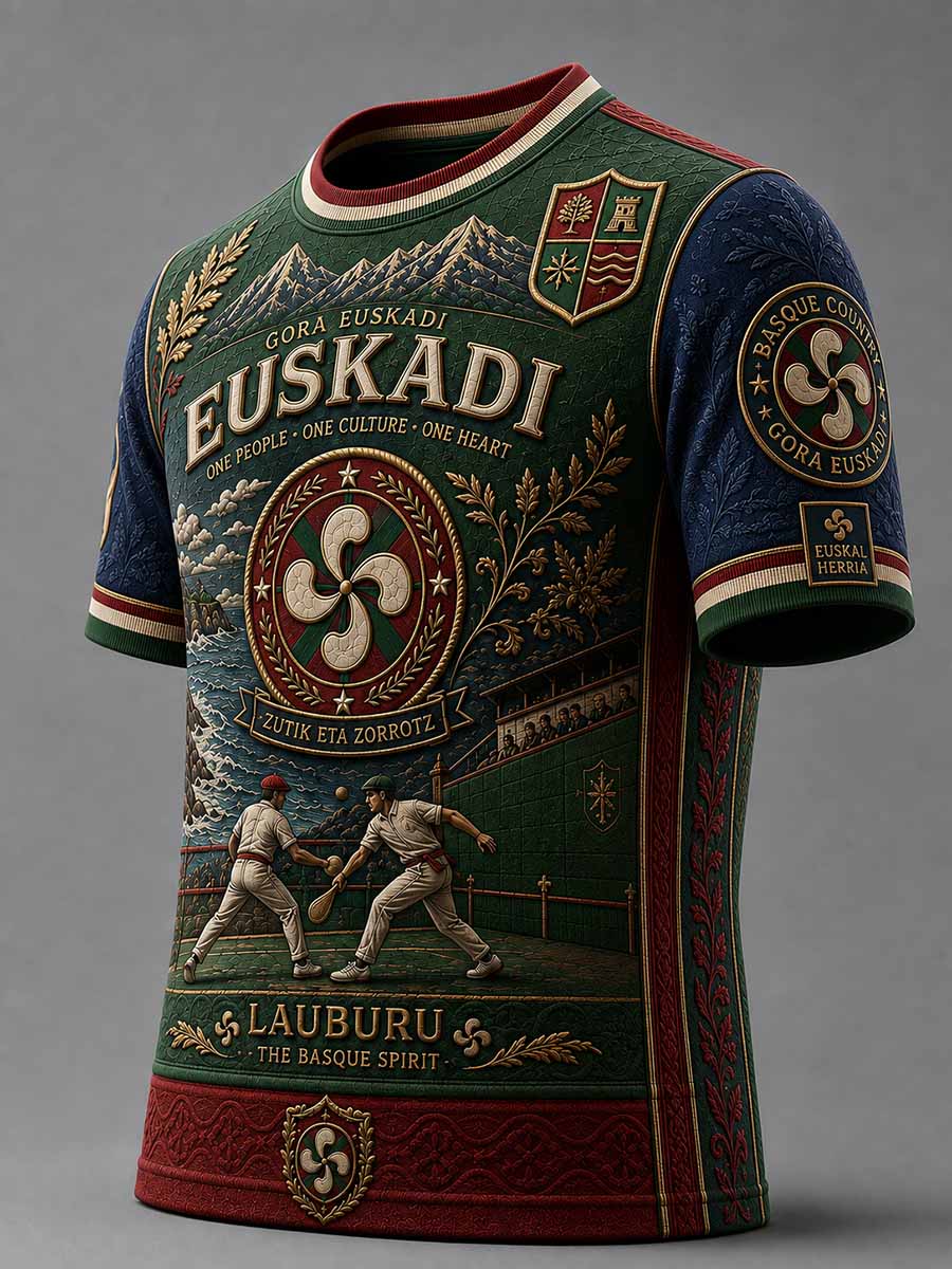 Camiseta impresa patrón vasco tradicional de la vendimia de los hombres