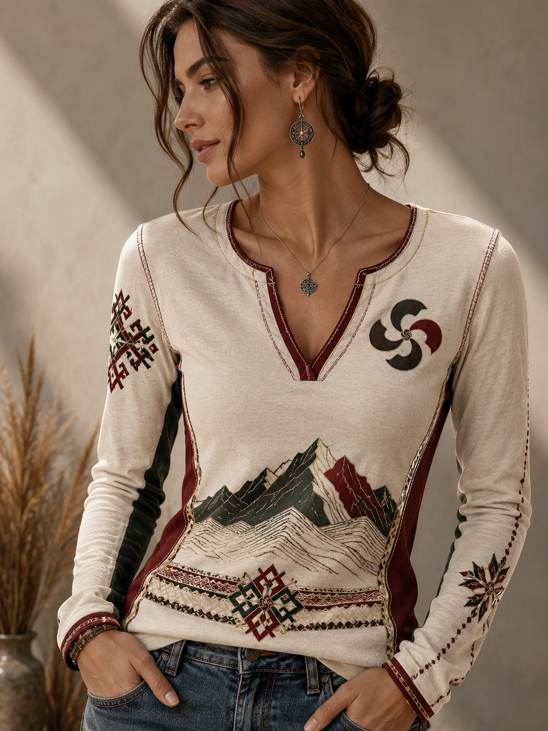 Camiseta con cuello en V Basque Casual para mujer