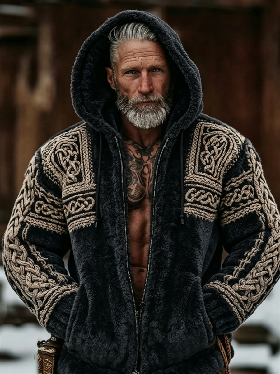 Sudadera de franela con capucha para hombre, estilo vintage vikingo, diseño de nudo celta, cierre completo y gran comodidad
