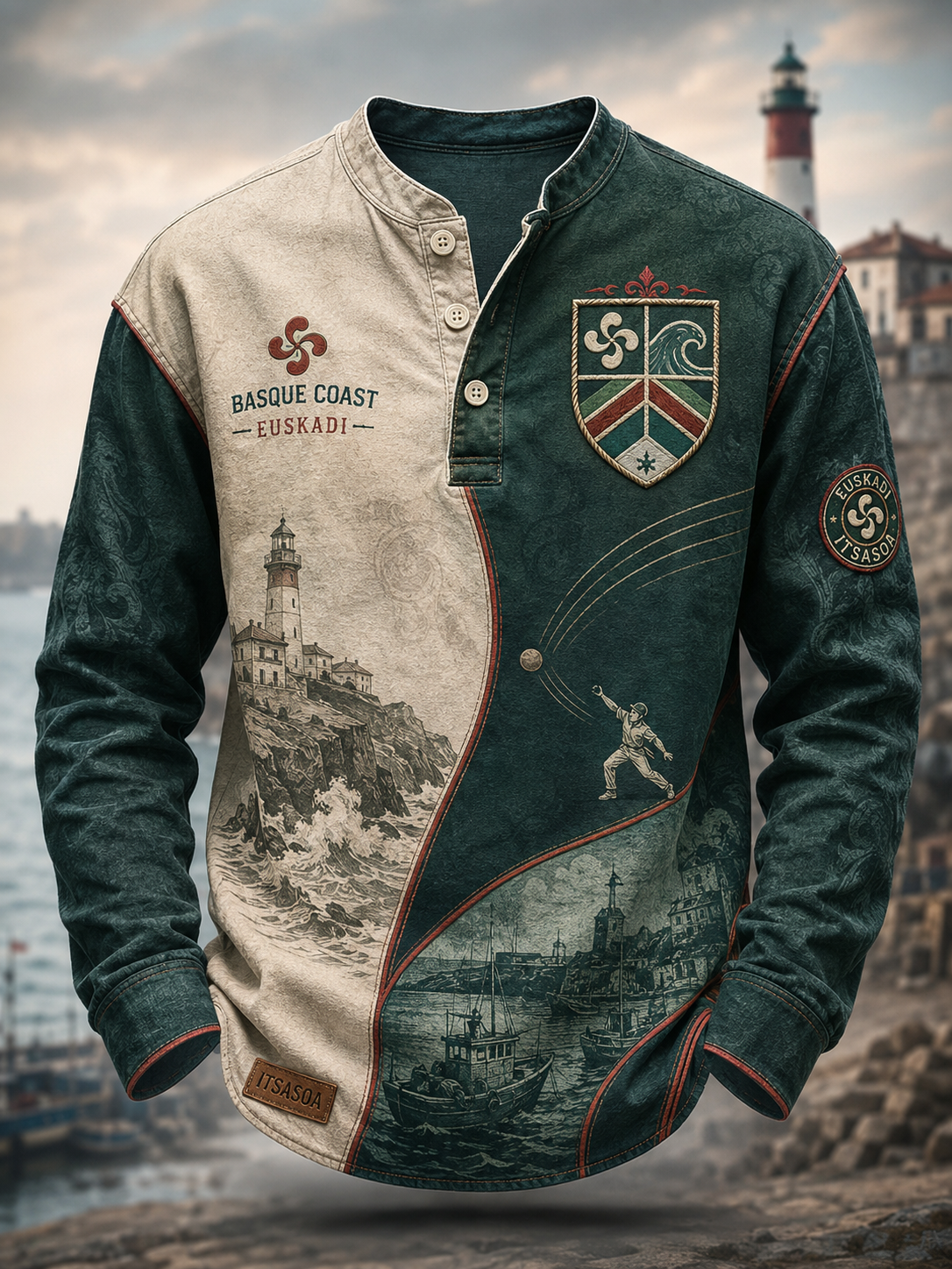 Camiseta de botón casual de arte vasco para hombre
