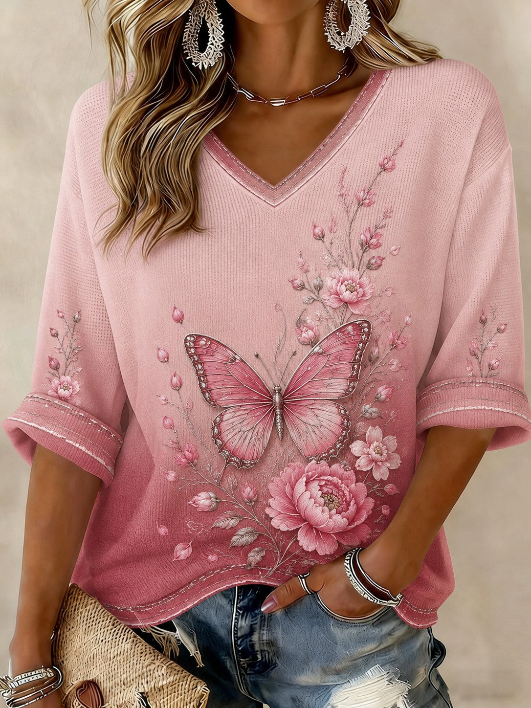 Las flores de cáncer de mama de las mujeres impresas de mediados de-longitud mangas camiseta con cuello en v