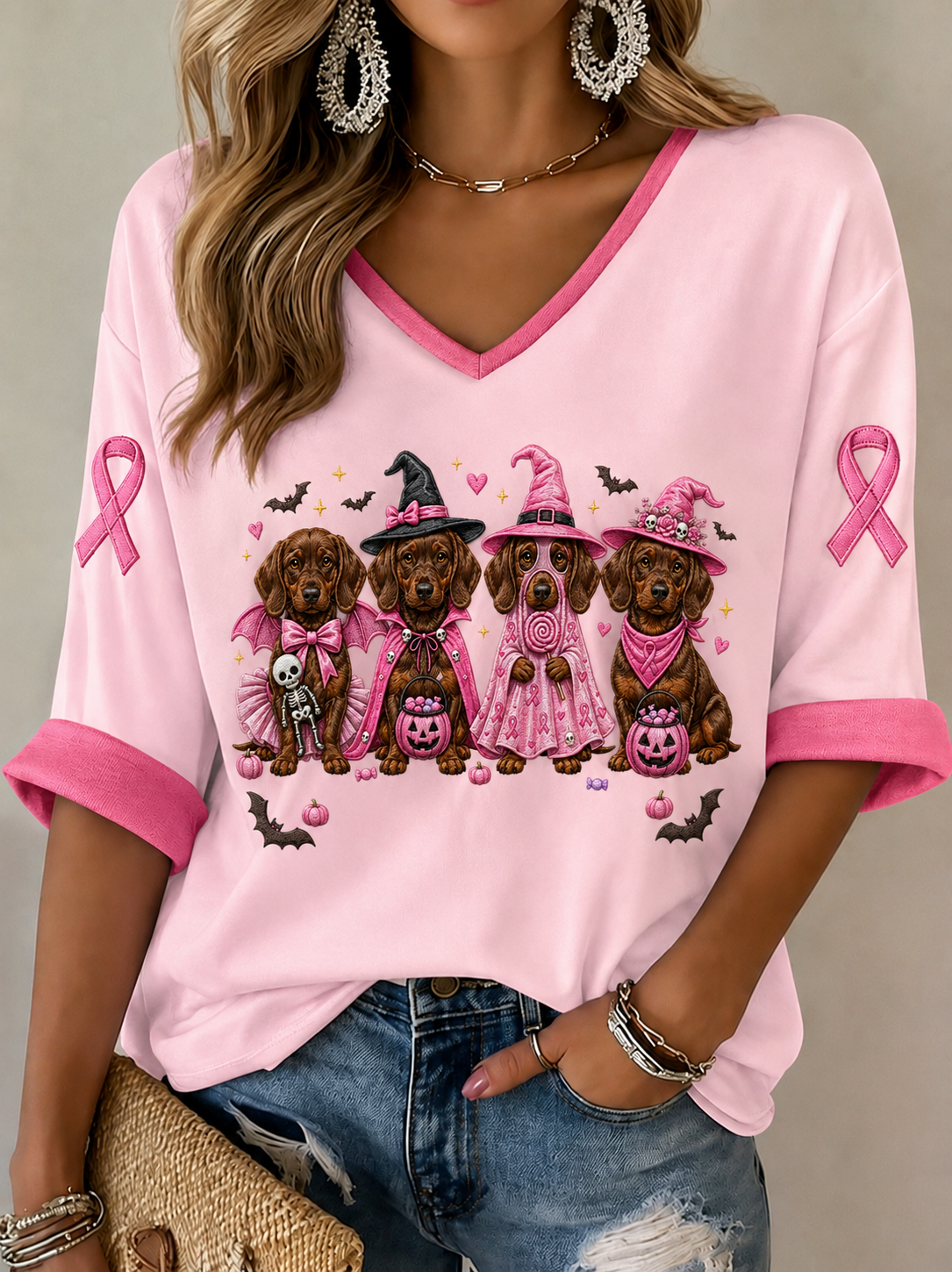Camiseta de cuello en V con mangas de cáncer de mama para mujer