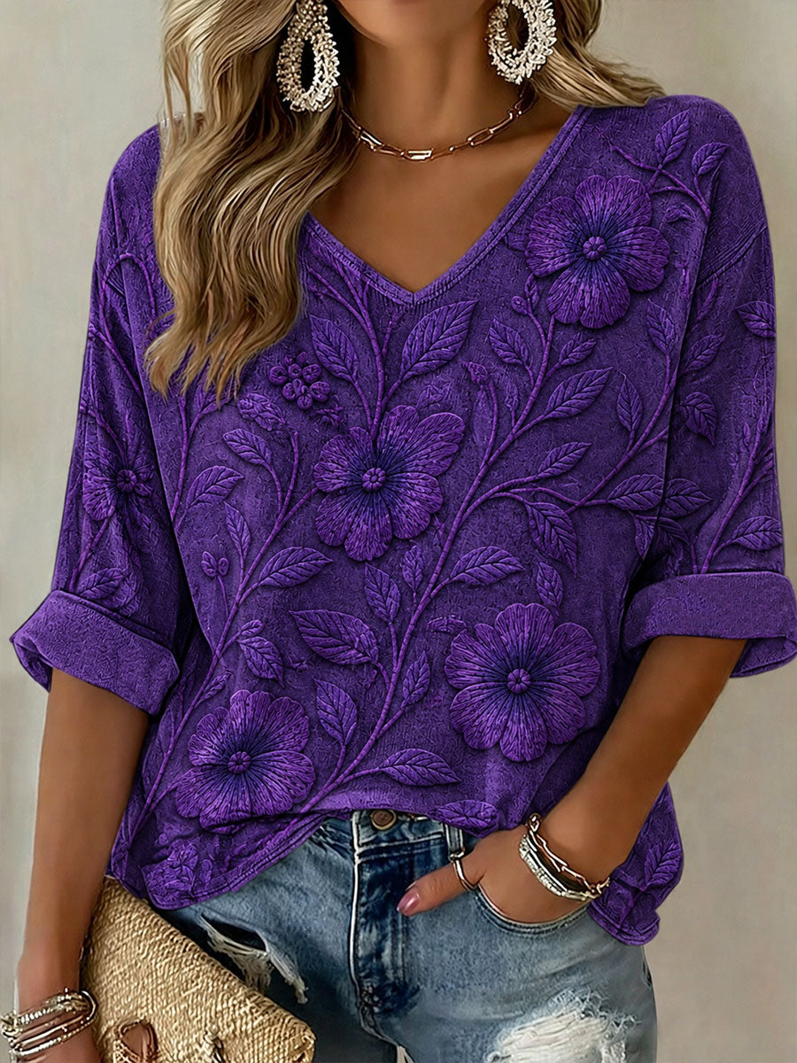 Camiseta de manga media con cuello en V y diseño floral, concienciación sobre la enfermedad de Alzheimer en mujeres