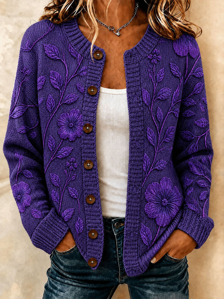 Chaqueta de punto estilo cardigan con flores de la conciencia de la enfermedad de Alzheimer para mujer