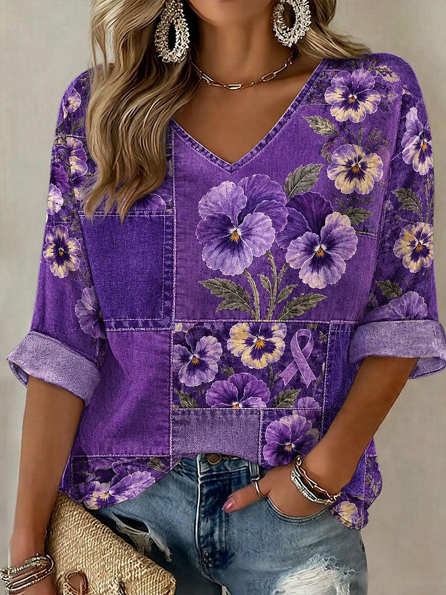 Mujeres conciencia de Alzheimer flores de mediados de-longitud mangas V-cuello de la camiseta