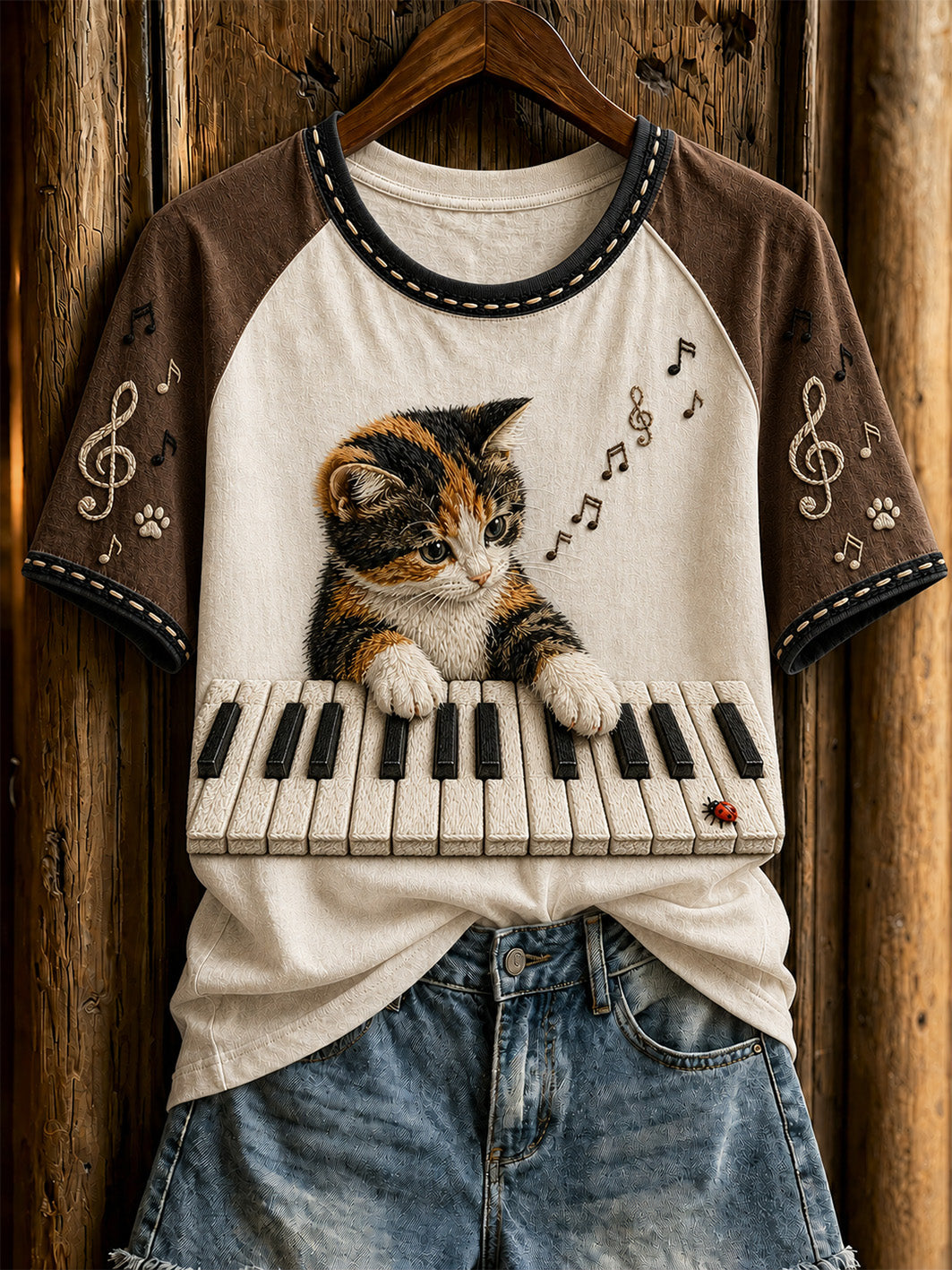 Camiseta casual de manga corta con diseño de lindo gato y piano para mujer