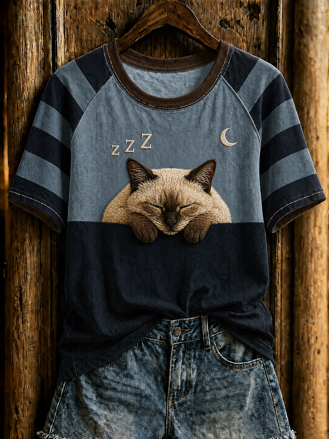 Camiseta de mujer con estampado de gato, cuello redondo y manga corta