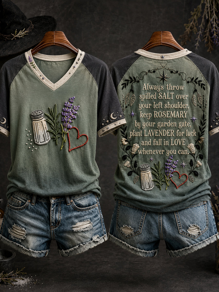 Camiseta estampada con diseño artístico de amor, salvia, romero y brujas para Halloween, para mujer