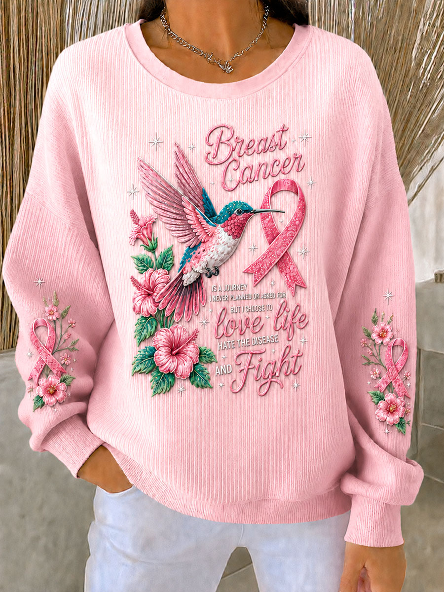Sudadera de cuello redondo con ribeteado y estampado floral y de aves, en apoyo a la concienciación sobre el cáncer de mama