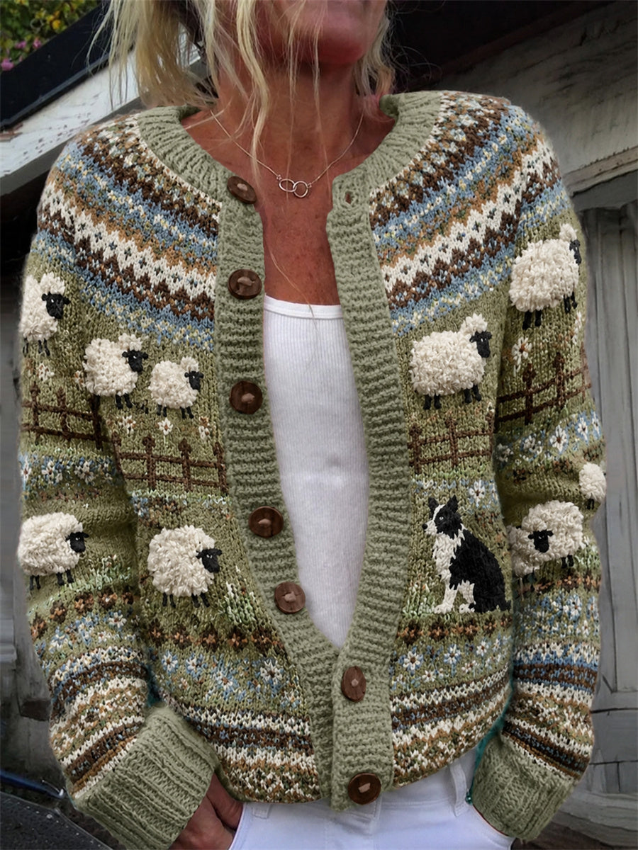 Vintage Farm Border Collie & Sheep Isle Print Cardigan acogedor para mujer