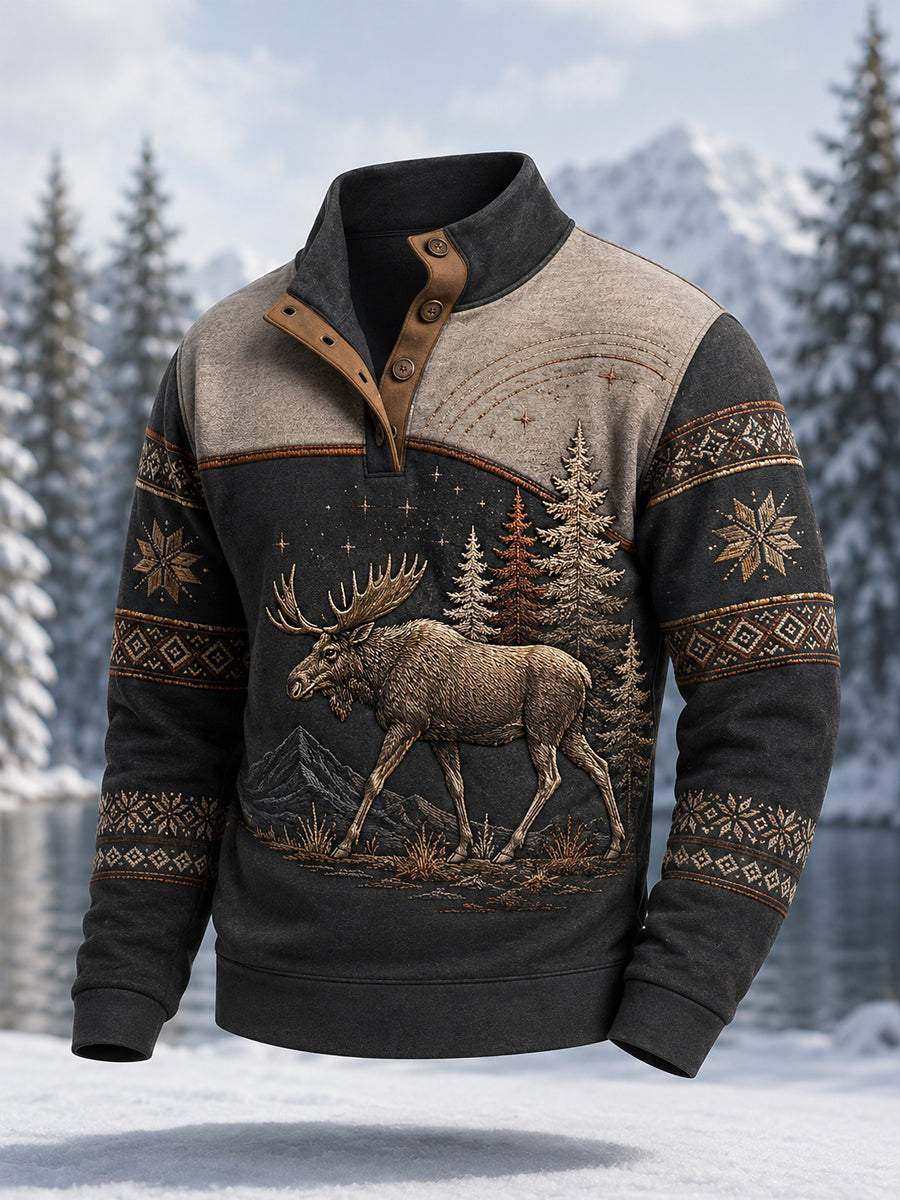 Invierno Alce de los hombres Imprimir Casual Botones Pullover