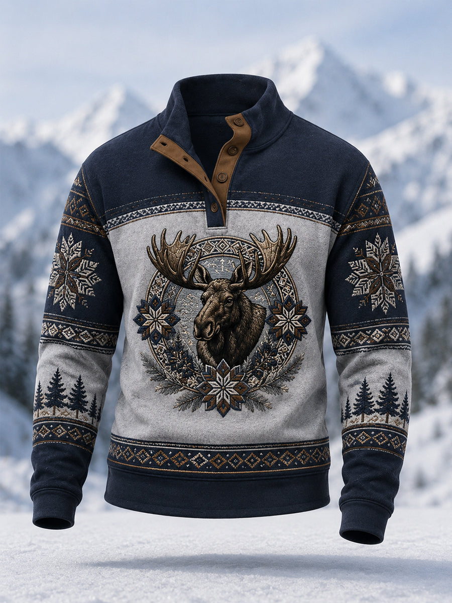 Jersey casual de invierno para hombre con estampado de alce y botones