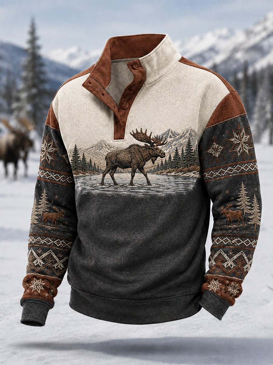 Jersey casual de invierno para hombre con estampado de alce y botones