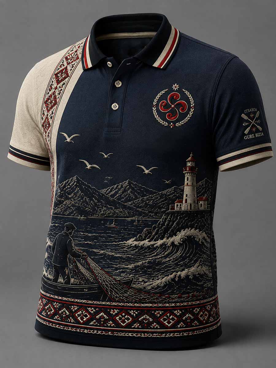 Camisa polo vintage con estampado vasco para hombre