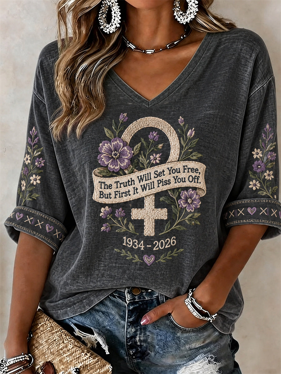 Camiseta con cuello en V y mangas largas para mujer The Truth Will Set You Free Mujer Power Memorial